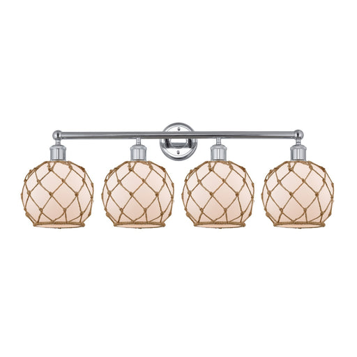 Innovations Farmhouse Rope 35in 4-Light Bath Vanity | Industrial Polished Chrome Steel and White Frosted Glass with Brown Rope | Model 616-4W-PC-G121-8RB