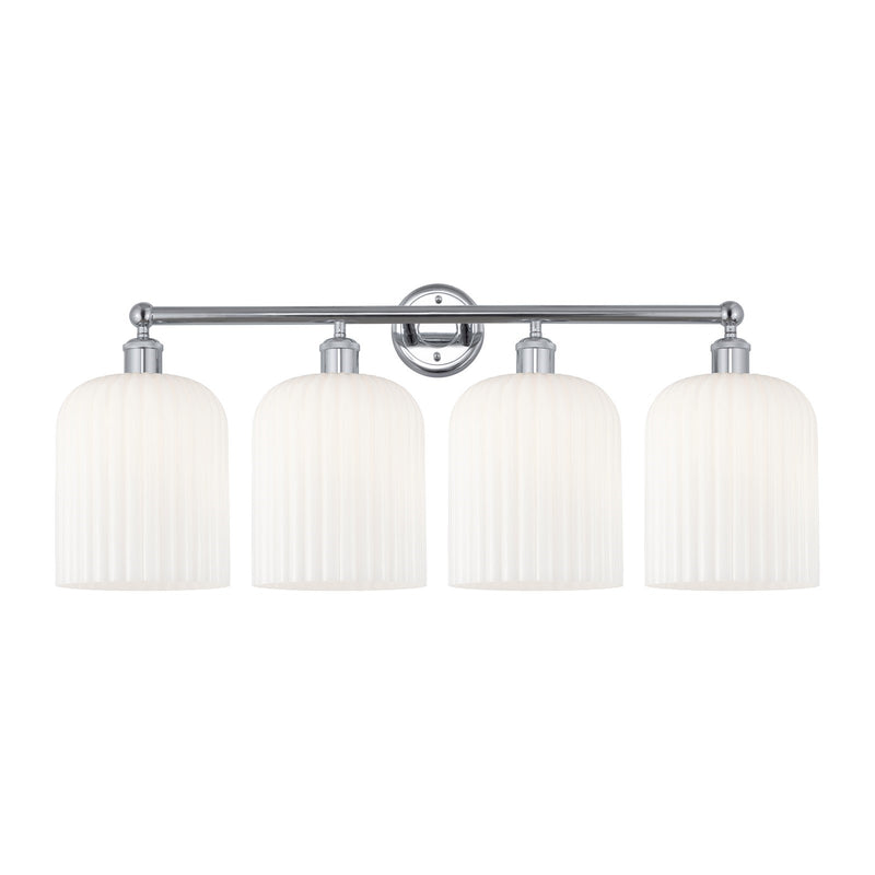 Innovations Bridal Veil 32in 4-Light Bath Vanity Light | Art Nouveau Industrial Polished Chrome and Gloss White Ribbed Glass | Model 616-4W-PC-G559-8GWH