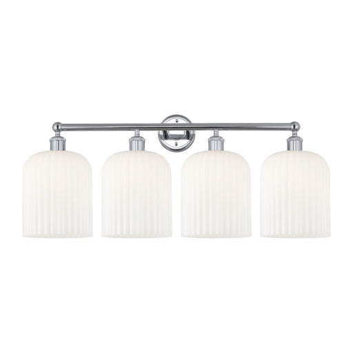 Innovations Bridal Veil 32in 4-Light Bath Vanity Light | Art Nouveau Industrial Polished Chrome and Gloss White Ribbed Glass | Model 616-4W-PC-G559-8GWH