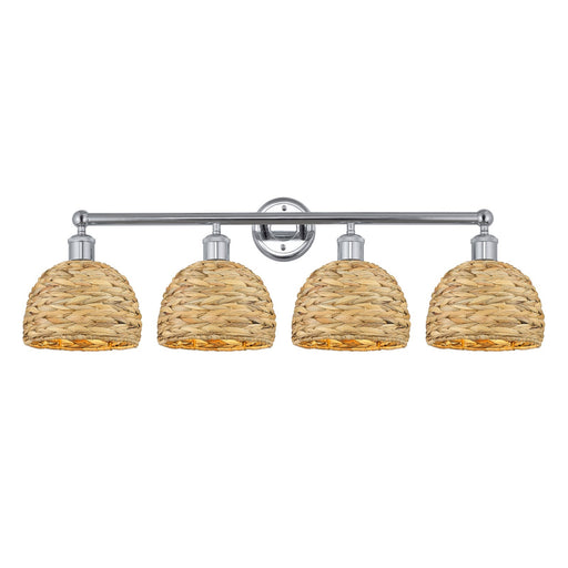 Innovations Woven Rattan 35in 4-Light Bath Vanity Light | Industrial Polished Chrome and Natural Fiber | Damp Rated Bathroom | Model 616-4W-PC-RBD-8-NAT