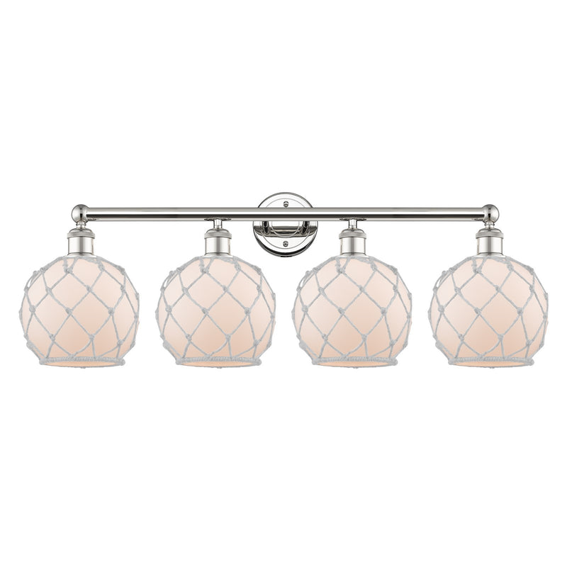 Innovations Farmhouse Rope 35in 4-Light Bath Vanity Light | Industrial Polished Nickel Steel and White Frosted Glass with Rope | Model 616-4W-PN-G121-8RW