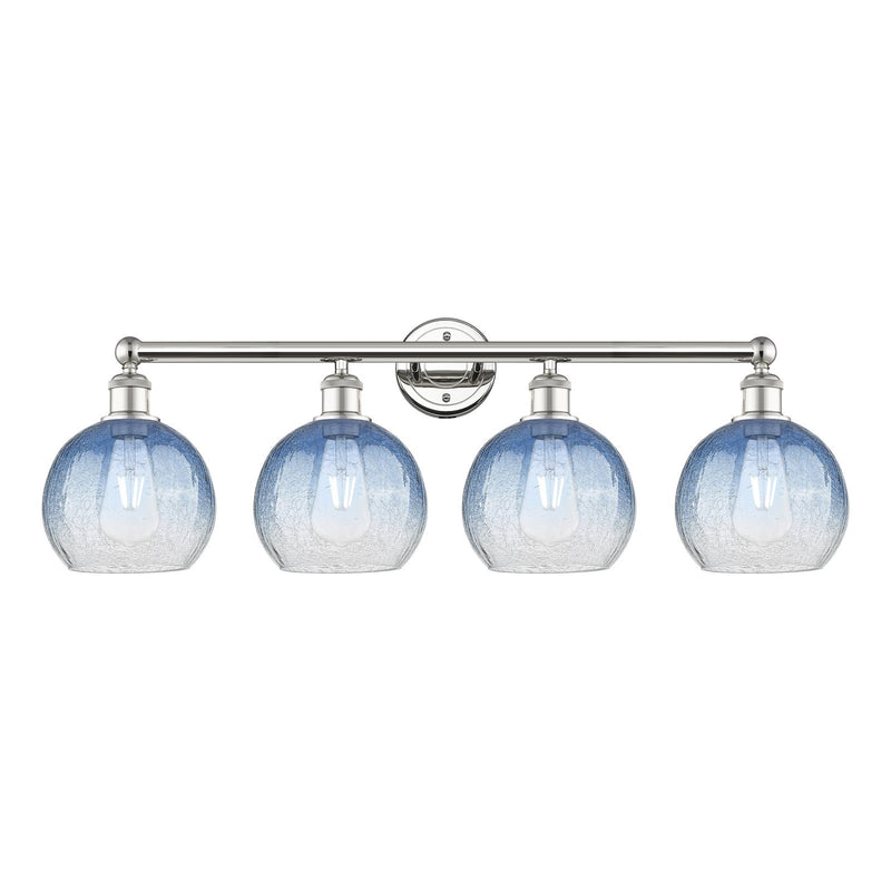 Innovations Brookhaven Globe 35in 4-Light Bath Vanity Light | Industrial Polished Nickel Steel and Sapphire Blue Glass | Model 616-4W-PN-G483-8SB