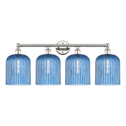 Innovations Bridal Veil 32in 4-Light Bath Vanity Light | Art Nouveau Polished Nickel and Princess Blue Ribbed Glass | Bathroom | Model 616-4W-PN-G559-8BL