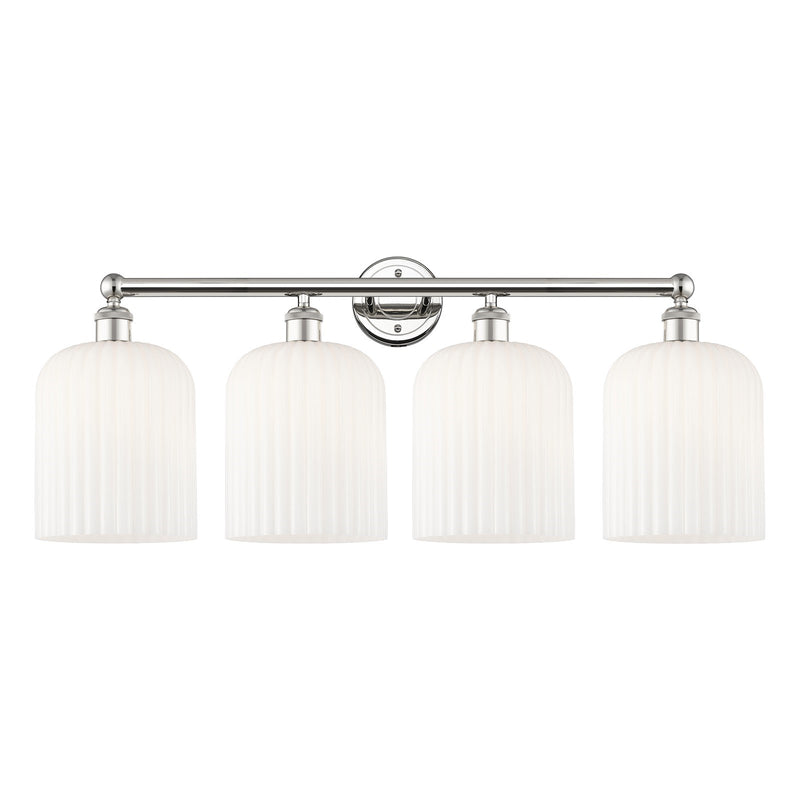 Innovations Bridal Veil 32in 4-Light Bath Vanity Light | Art Nouveau Polished Nickel and Gloss White Ribbed Glass | Bathroom | Model 616-4W-PN-G559-8GWH