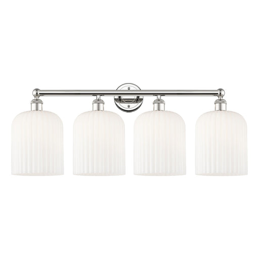 Innovations Bridal Veil 32in 4-Light Bath Vanity Light | Art Nouveau Polished Nickel and Gloss White Ribbed Glass | Bathroom | Model 616-4W-PN-G559-8GWH