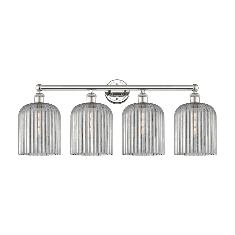Innovations Bridal Veil 32in 4-Light Bath Vanity Light | Art Nouveau Industrial Polished Nickel Steel and Light Smoke Ribbed | Model 616-4W-PN-G559-8SM