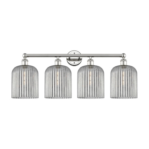 Innovations Bridal Veil 32in 4-Light Bath Vanity Light | Art Nouveau Industrial Polished Nickel Steel and Light Smoke Ribbed | Model 616-4W-PN-G559-8SM