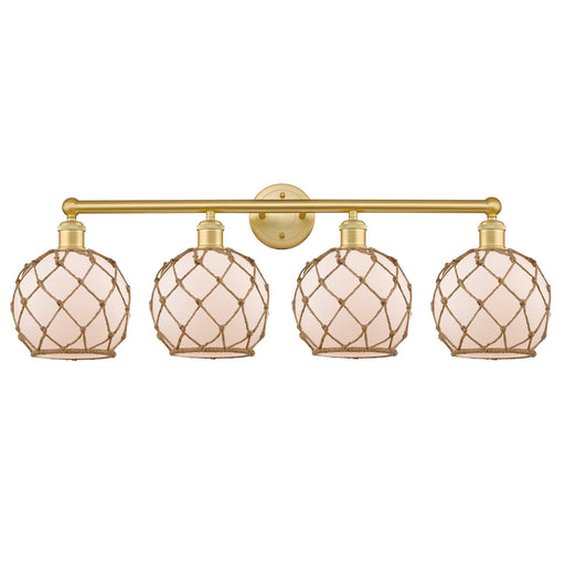 Innovations Farmhouse Rope 35in 4-Light Bath Vanity | Industrial Satin Gold Steel and Cast Brass with White Glass and Brown | Model 616-4W-SG-G121-8RB