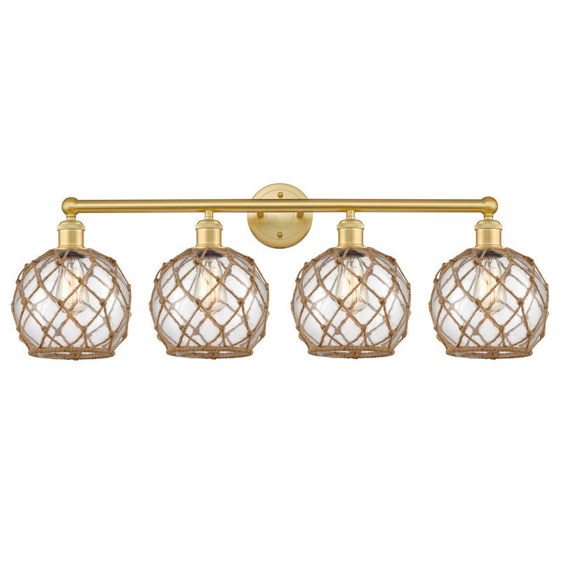 Innovations Farmhouse Rope 35in 4-Light Bath Vanity | Industrial Satin Gold Steel and Clear Glass with Brown Rope | Bathroom | Model 616-4W-SG-G122-8RB
