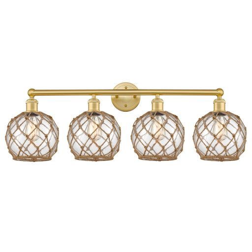 Innovations Farmhouse Rope 35in 4-Light Bath Vanity | Industrial Satin Gold Steel and Clear Glass with Brown Rope | Bathroom | Model 616-4W-SG-G122-8RB