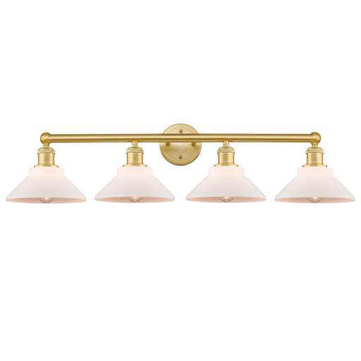 Innovations Orwell 35in 4-Light Bath Vanity Light | Industrial Satin Gold Steel and Cast Brass with Matte White Glass Shades | Model 616-4W-SG-G131