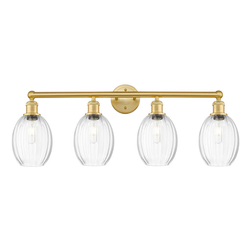 Innovations Preston Bulb 33in 4-Light Bath Vanity | Industrial Satin Gold Steel and Clear Glass | Bathroom & Powder Room | Model 616-4W-SG-G459-6CL