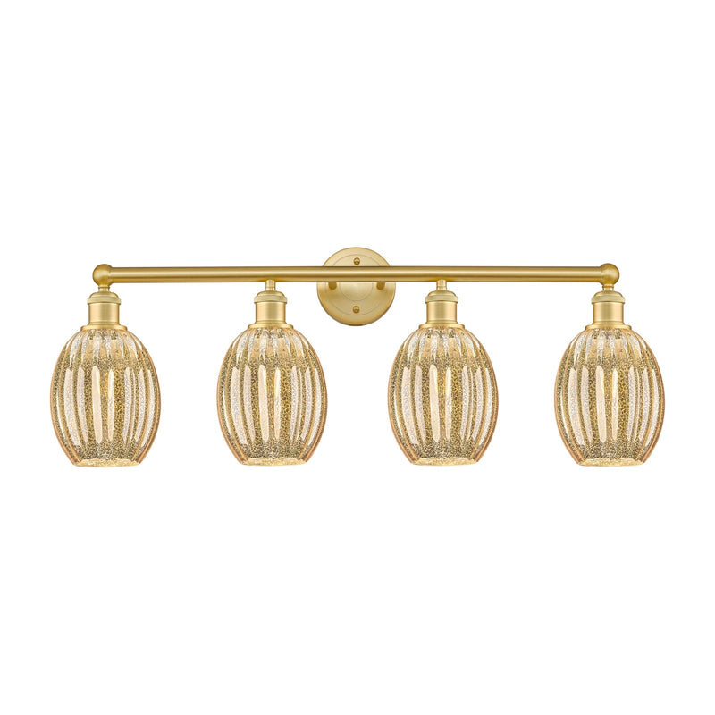Innovations Preston Bulb 33in 4-Light Bath Vanity | Industrial Satin Gold Steel and Cast Brass with Mercury Glass Shades | Model 616-4W-SG-G459-6ME