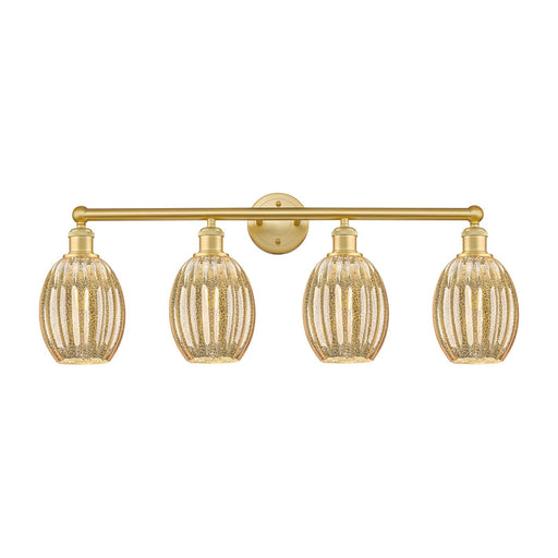 Innovations Preston Bulb 33in 4-Light Bath Vanity | Industrial Satin Gold Steel and Cast Brass with Mercury Glass Shades | Model 616-4W-SG-G459-6ME