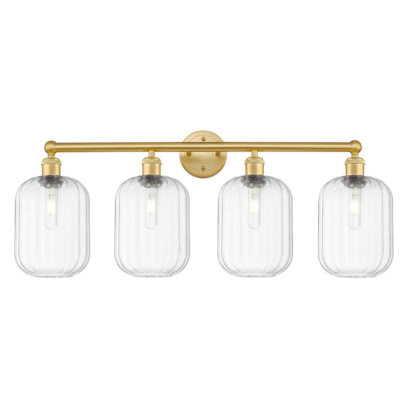 Innovations Preston Cylinder 34in 4-Light Bath Vanity | Industrial Satin Gold Steel and Clear Glass | Bathroom Vanity & Powder | Model 616-4W-SG-G460-7CL