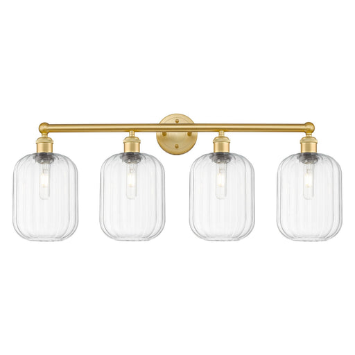 Innovations Preston Cylinder 34in 4-Light Bath Vanity | Industrial Satin Gold Steel and Clear Glass | Bathroom Vanity & Powder | Model 616-4W-SG-G460-7CL