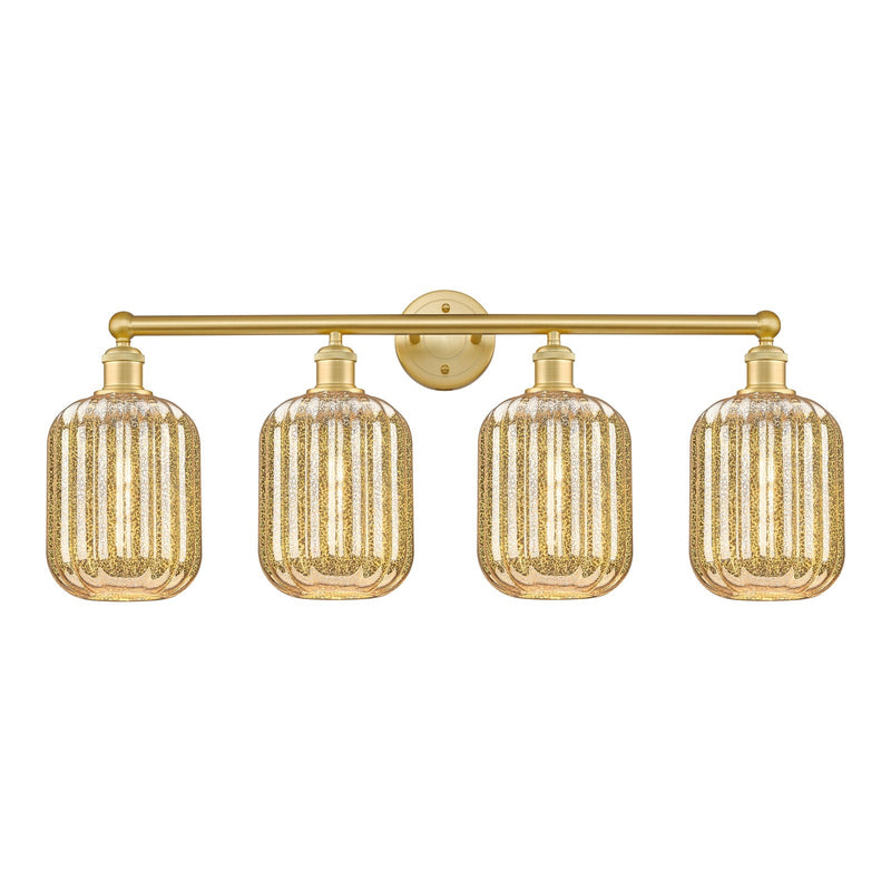 Innovations Preston Cylinder 34in 4-Light Bath Vanity | Industrial Satin Gold Steel and Mercury Glass | Bathroom Vanity Light | Model 616-4W-SG-G460-7ME