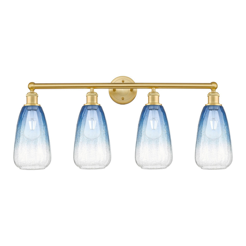 Innovations Brookhaven Almond 33in 4-Light Bath Vanity Light | Industrial Satin Gold Steel and Cast Brass with Sapphire Blue | Model 616-4W-SG-G480-6SB