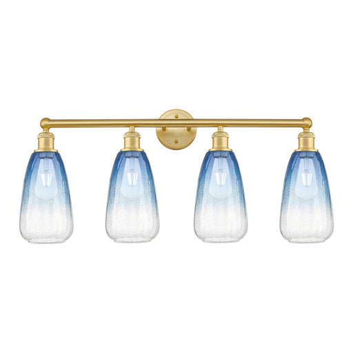Innovations Brookhaven Almond 33in 4-Light Bath Vanity Light | Industrial Satin Gold Steel and Cast Brass with Sapphire Blue | Model 616-4W-SG-G480-6SB