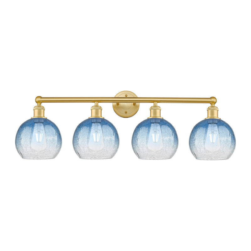 Innovations Brookhaven Globe 35in 4-Light Bath Vanity Light | Industrial Satin Gold Steel and Sapphire Blue Glass | Bathroom | Model 616-4W-SG-G483-8SB