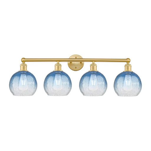 Innovations Brookhaven Globe 35in 4-Light Bath Vanity Light | Industrial Satin Gold Steel and Sapphire Blue Glass | Bathroom | Model 616-4W-SG-G483-8SB