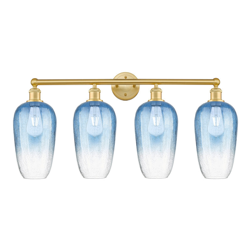 Innovations Brookhaven Flute 34in 4-Light Bath Vanity Light | Industrial Satin Gold Steel and Sapphire Blue Glass | Bathroom | Model 616-4W-SG-G484-7SB