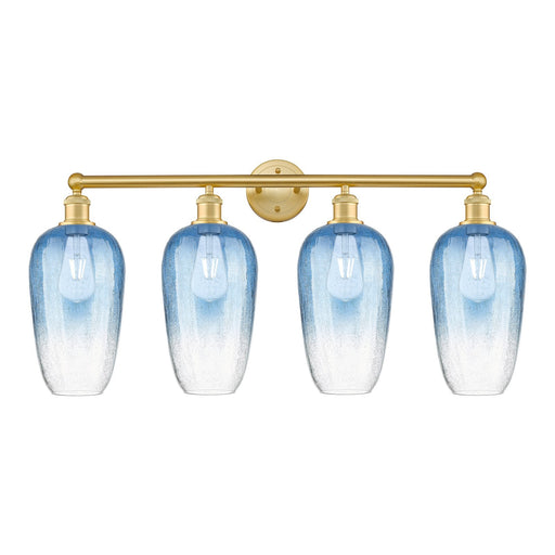 Innovations Brookhaven Flute 34in 4-Light Bath Vanity Light | Industrial Satin Gold Steel and Sapphire Blue Glass | Bathroom | Model 616-4W-SG-G484-7SB