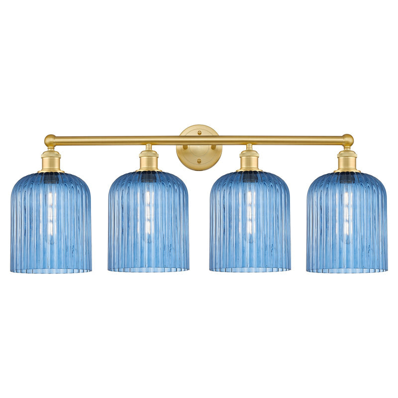 Innovations Bridal Veil 32in 4-Light Bath Vanity Light | Art Nouveau Satin Gold Steel and Princess Blue Ribbed Glass | Bathroom | Model 616-4W-SG-G559-8BL
