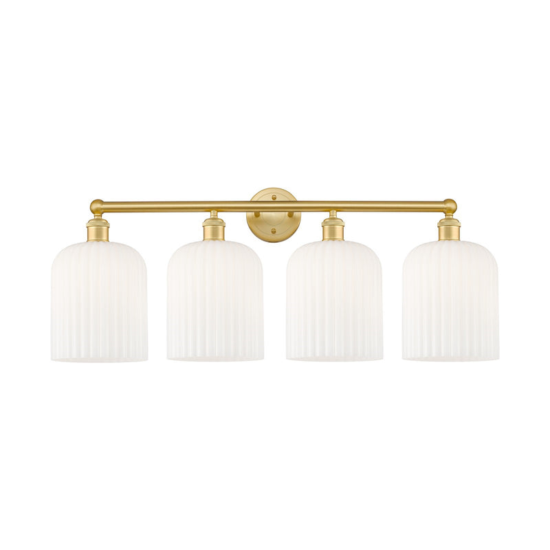 Innovations Bridal Veil 32in 4-Light Bath Vanity | Art Nouveau Satin Gold Steel and Gloss White Ribbed Glass | Bathroom Vanity | Model 616-4W-SG-G559-8GWH