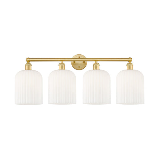 Innovations Bridal Veil 32in 4-Light Bath Vanity | Art Nouveau Satin Gold Steel and Gloss White Ribbed Glass | Bathroom Vanity | Model 616-4W-SG-G559-8GWH
