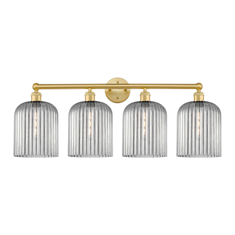 Innovations Bridal Veil 32in 4-Light Bath Vanity Light | Art Nouveau Satin Gold Steel and Cast Brass with Light Smoke Ribbed | Model 616-4W-SG-G559-8SM