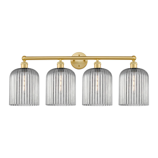 Innovations Bridal Veil 32in 4-Light Bath Vanity Light | Art Nouveau Satin Gold Steel and Cast Brass with Light Smoke Ribbed | Model 616-4W-SG-G559-8SM