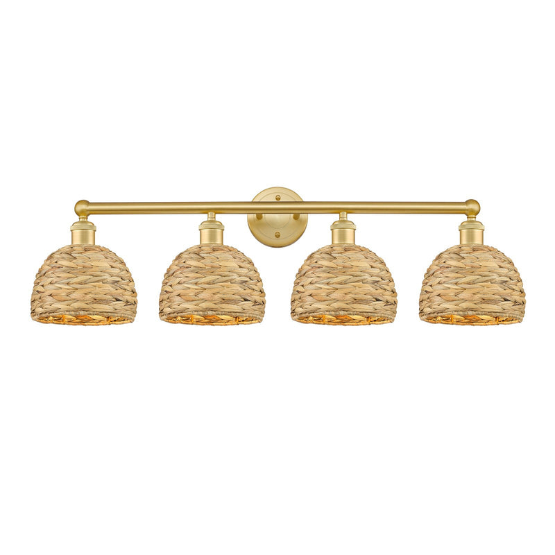 Innovations Woven Rattan 35in 4-Light Bath Vanity | Industrial Satin Gold Steel and Natural Fiber Shade | Bathroom Vanity | Model 616-4W-SG-RBD-8-NAT