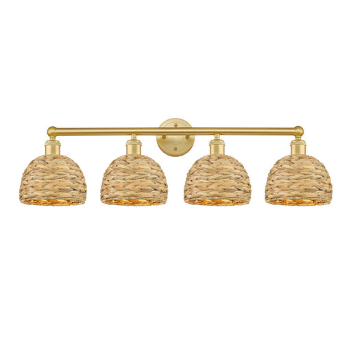Innovations Woven Rattan 35in 4-Light Bath Vanity | Industrial Satin Gold Steel and Natural Fiber Shade | Bathroom Vanity | Model 616-4W-SG-RBD-8-NAT