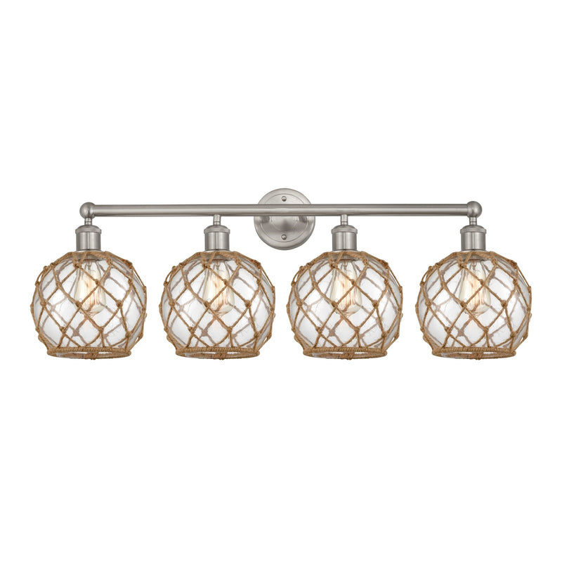 Innovations Farmhouse Rope 35in 4-Light Bath Vanity Light | Industrial Brushed Satin Nickel and Clear Glass with Brown Rope | Model 616-4W-SN-G122-8RB