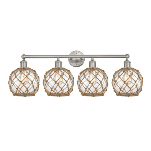 Innovations Farmhouse Rope 35in 4-Light Bath Vanity Light | Industrial Brushed Satin Nickel and Clear Glass with Brown Rope | Model 616-4W-SN-G122-8RB