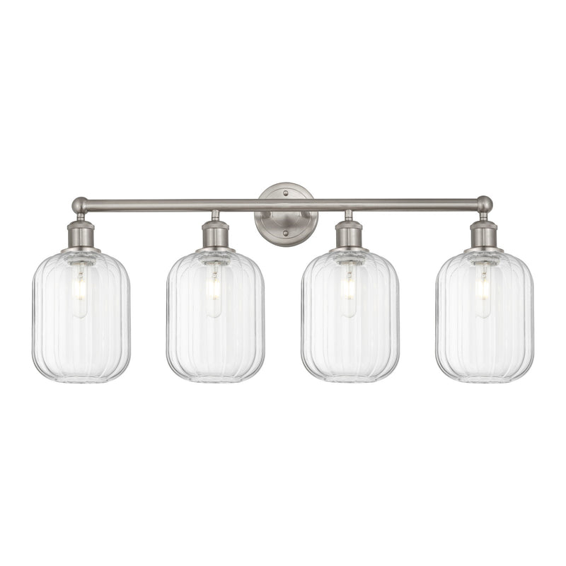 Innovations Preston Cylinder 34in 4-Light Bath Vanity Light | Industrial Brushed Satin Nickel and Clear Glass | Bathroom Vanity | Model 616-4W-SN-G460-7CL