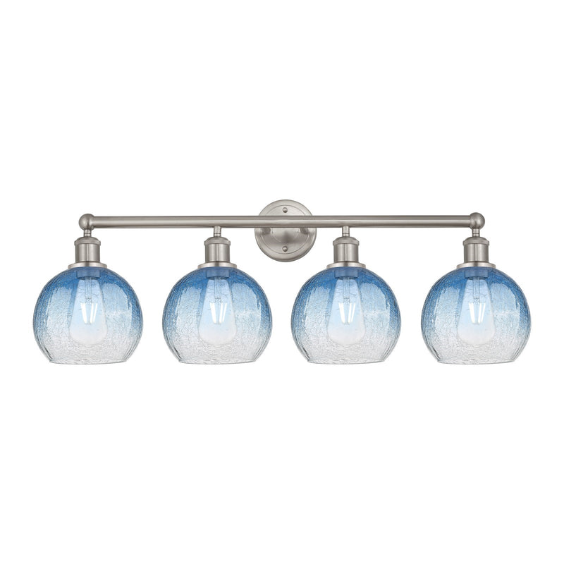 Innovations Brookhaven Globe 35in 4-Light Bath Vanity Light | Industrial Brushed Satin Nickel and Sapphire Blue Glass | Model 616-4W-SN-G483-8SB