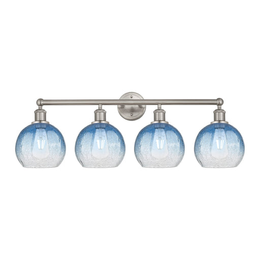 Innovations Brookhaven Globe 35in 4-Light Bath Vanity Light | Industrial Brushed Satin Nickel and Sapphire Blue Glass | Model 616-4W-SN-G483-8SB