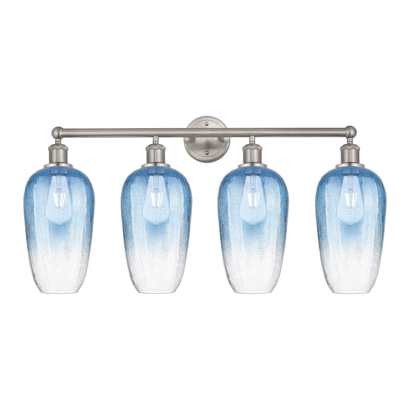 Innovations Brookhaven Flute 34in 4-Light Bath Vanity Light | Industrial Brushed Satin Nickel and Sapphire Blue Glass | Model 616-4W-SN-G484-7SB
