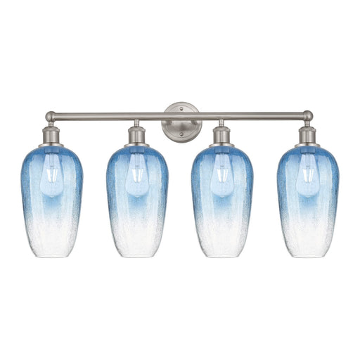 Innovations Brookhaven Flute 34in 4-Light Bath Vanity Light | Industrial Brushed Satin Nickel and Sapphire Blue Glass | Model 616-4W-SN-G484-7SB