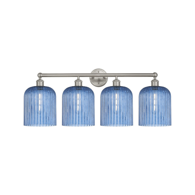 Innovations Bridal Veil 32in 4-Light Bath Vanity Light | Art Nouveau Brushed Satin Nickel and Princess Blue Ribbed Glass | Model 616-4W-SN-G559-8BL
