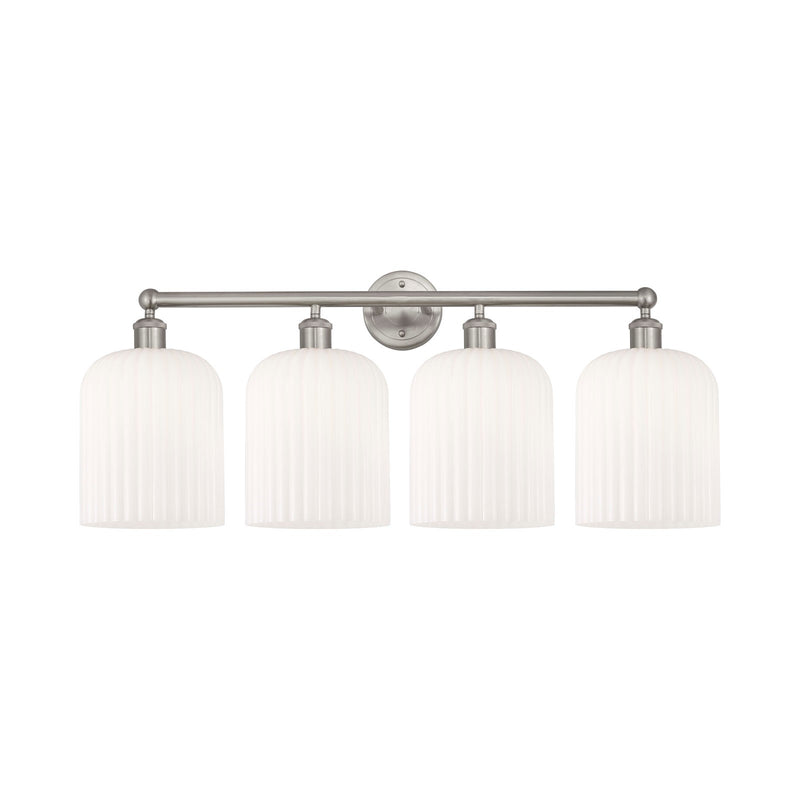Innovations Bridal Veil 32in 4-Light Bath Vanity Light | Art Nouveau Brushed Satin Nickel and Gloss White Ribbed Glass | Model 616-4W-SN-G559-8GWH