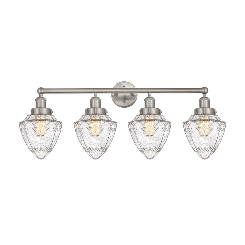 Innovations Lighting Bullet 34in 4-Light Bath Vanity | Industrial Brushed Satin Nickel Steel and Seedy Glass | Bathroom Vanity | Model 616-4W-SN-G664-7