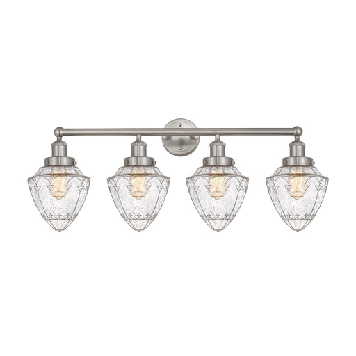 Innovations Lighting Bullet 34in 4-Light Bath Vanity | Industrial Brushed Satin Nickel Steel and Seedy Glass | Bathroom Vanity | Model 616-4W-SN-G664-7