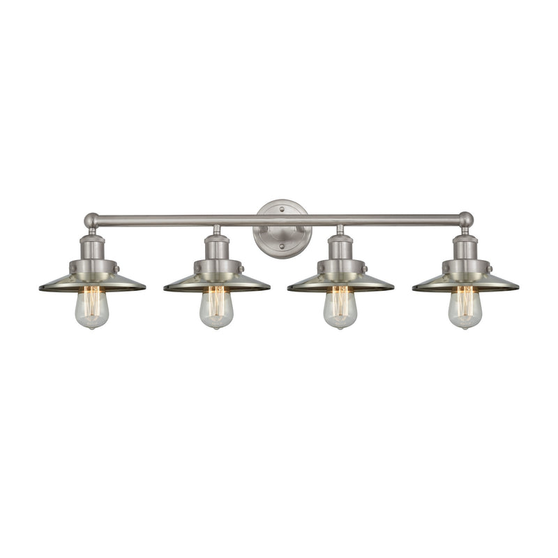 Innovations Railroad 35in 4-Light Bath Vanity Light | Traditional Industrial Brushed Satin Nickel Steel and Metal Shade | Bathroom | Model 616-4W-SN-M2-SN
