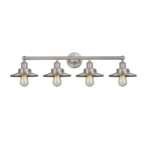 Innovations Railroad 35in 4-Light Bath Vanity Light | Traditional Industrial Brushed Satin Nickel Steel and Metal Shade | Bathroom | Model 616-4W-SN-M2-SN