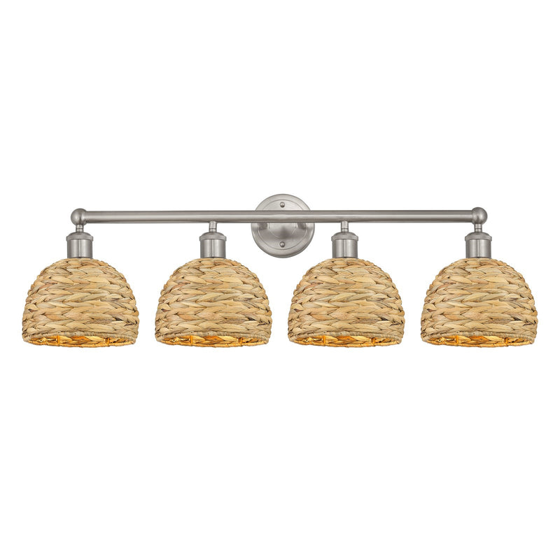 Innovations Woven Rattan 35in 4-Light Bath Vanity Light | Industrial Brushed Satin Nickel and Natural Fiber Dome Shade | Model 616-4W-SN-RBD-8-NAT