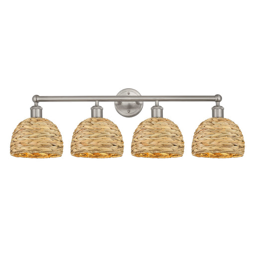 Innovations Woven Rattan 35in 4-Light Bath Vanity Light | Industrial Brushed Satin Nickel and Natural Fiber Dome Shade | Model 616-4W-SN-RBD-8-NAT