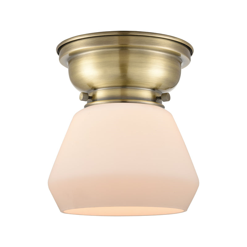 Innovations Fulton 7in 1-Light Flush Mount | Industrial Farmhouse Antique Brass and Matte White Frosted Glass | Bathroom & | Model 623-1F-AB-G171-LED